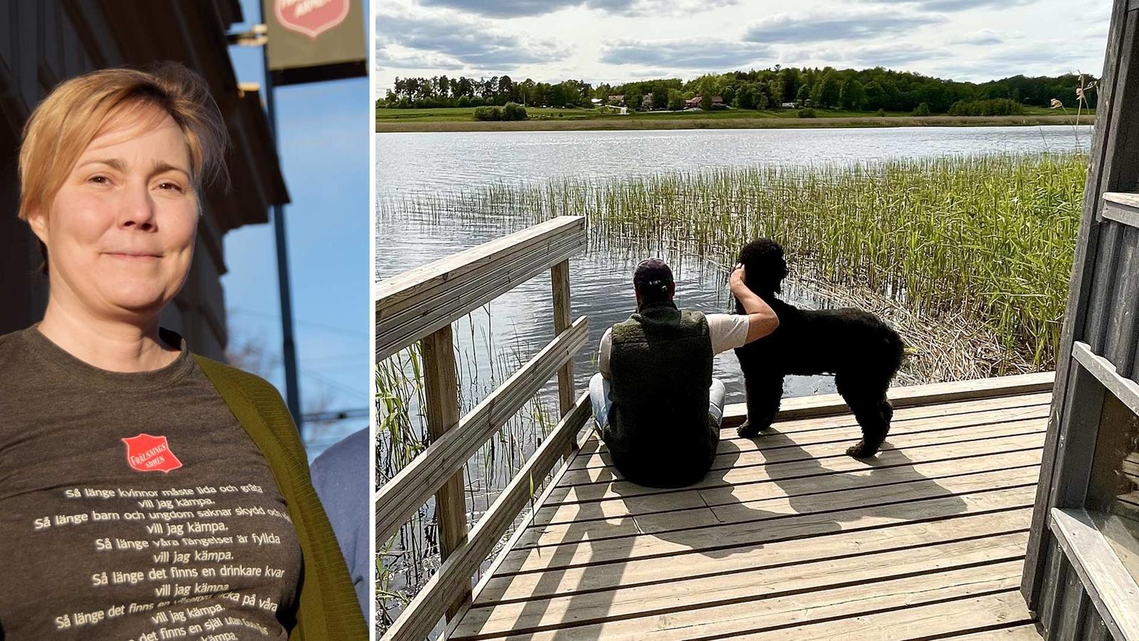 Till vänster - Ulrika Pettersson, Frälsningsarmén Brobygget. Till höger ryggtavlan på en ung kille som sitter på en brygga vid en sjö och klappar på en hund.