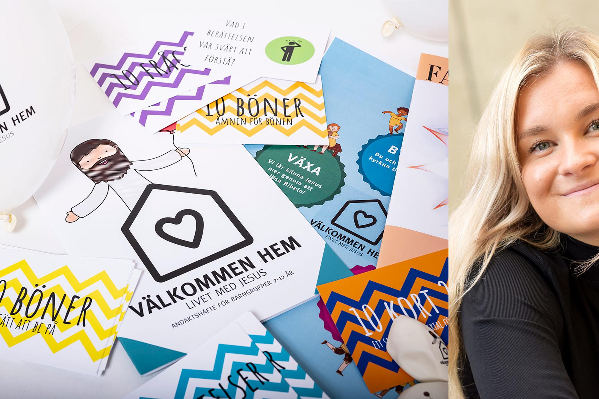 Porträtt på Julia Adolfsson samt innehållet i UNG-boxen med till exempel kort där det står Tips på ämnen för 10 böner. 