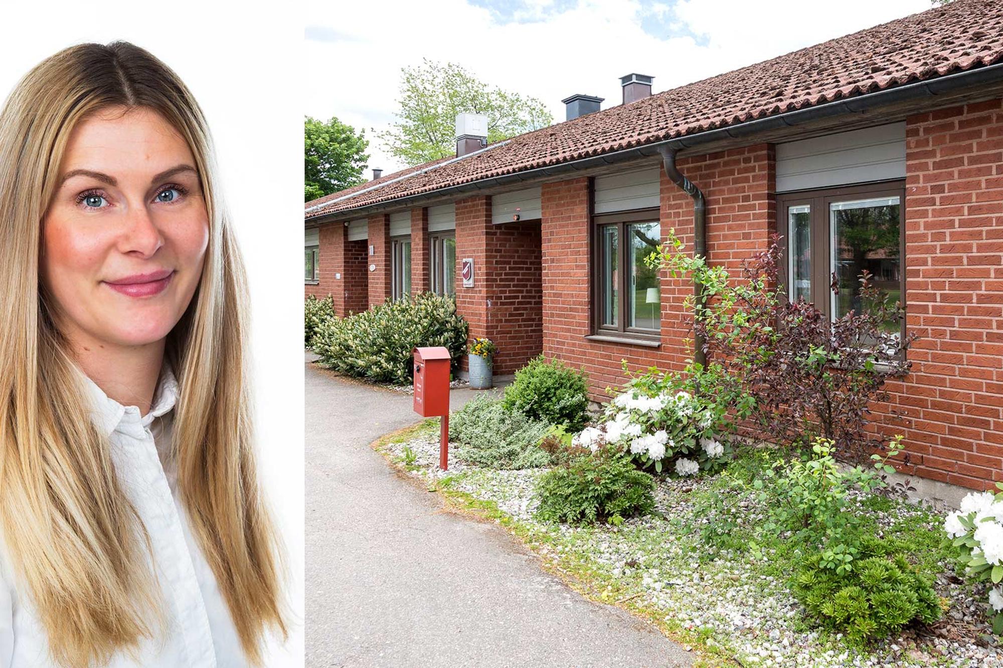 Till vänster: Porträttbild av Malin Lindberg, som är familjehemskonsulent på FAM-huset. Till höger: Ett tegelhus.