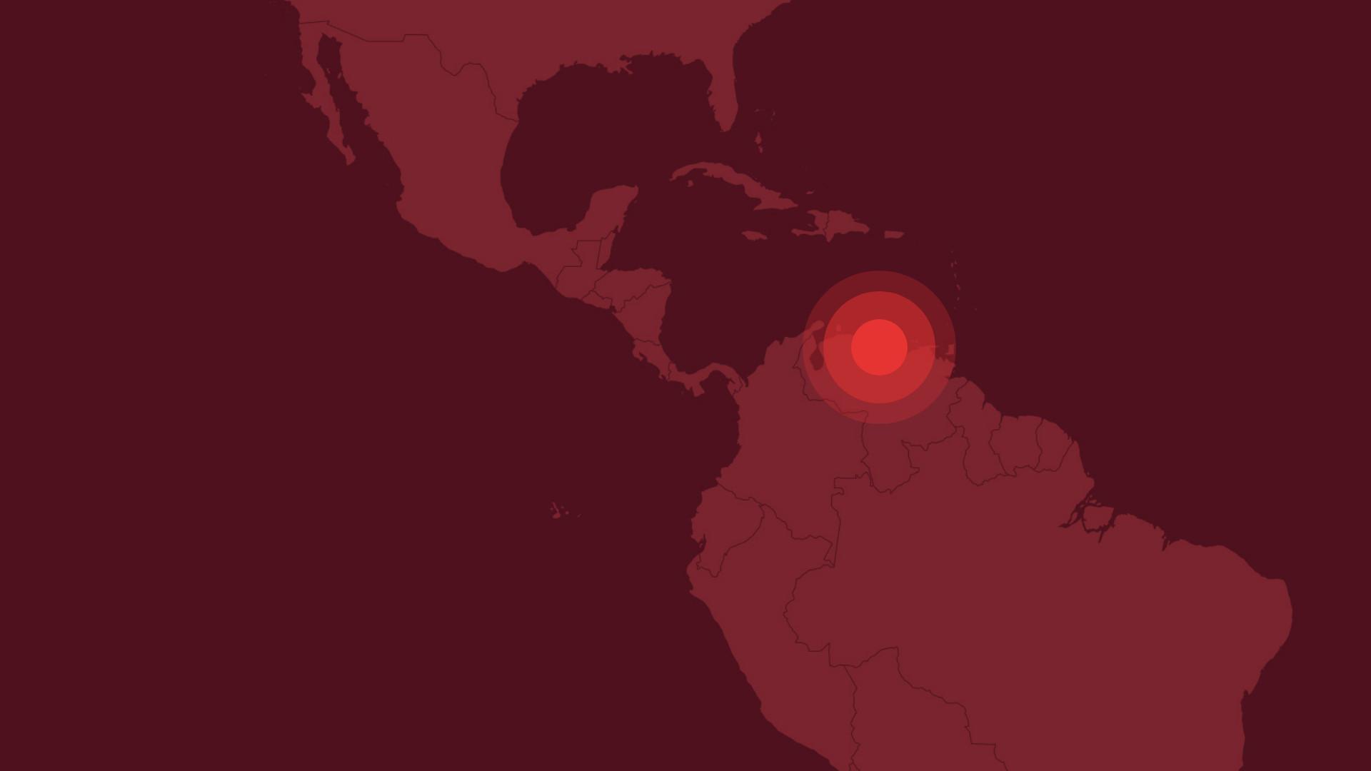 En kartbild över sydamerika där Venezuela och Caracas är markerat med en röd ring